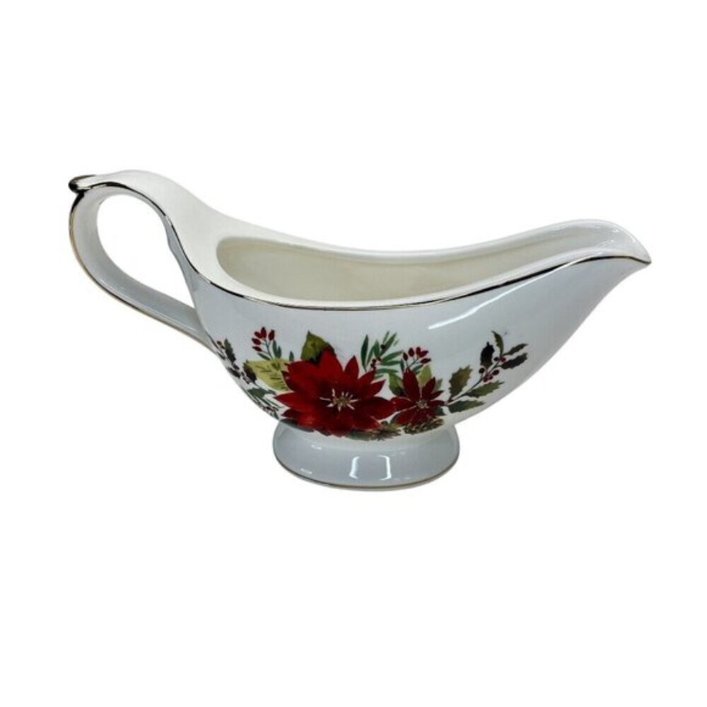 Grace Teaware Poinsettia Gravy Boat Elegant Christmas Porcelain Table Decor